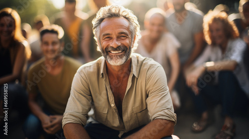 Portrait of happy smiling mature men celebrating life outside photo