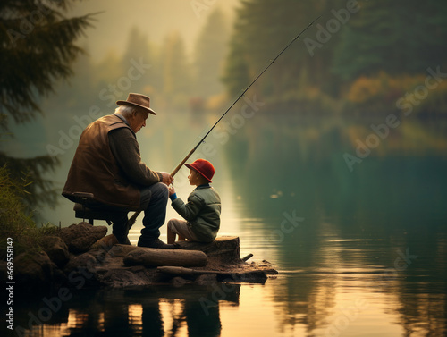 A Photo of an Older Man and His Grandson Fishing Together at a Serene Lake