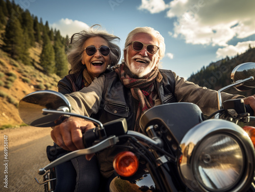 A Photo of an Older Couple on a Motorcycle Road Trip Through a Scenic Route © Nathan Hutchcraft