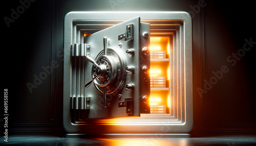 Opened steel safe with a combination lock on dark background. Generative AI