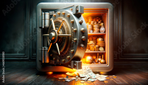 Slika na platnu Bank safe with money and gold coins. Generative AI