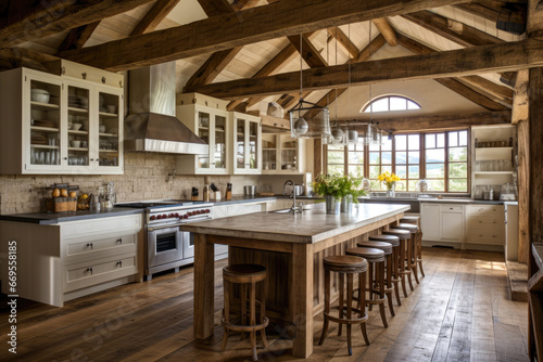 Interior of a rustic kitchen with wooden beams and white walls