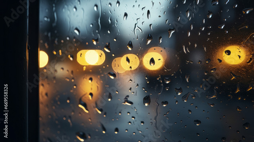 A single window illuminated by a street lamp, rain drops streaming down the glass