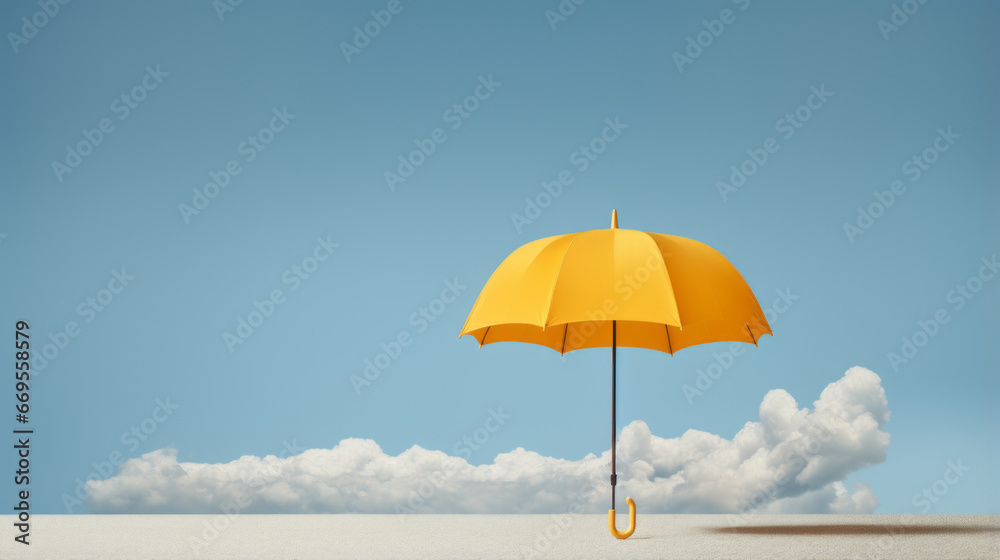 A single umbrella stands against a cloud-filled sky, its bright yellow fabric standing out against the dull, grey backdrop