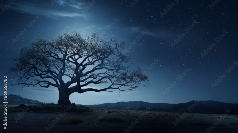 A single tree stands silhouetted against the night sky A single tree stands silhouetted against the night sky