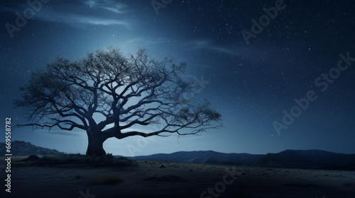 A single tree stands silhouetted against the night sky