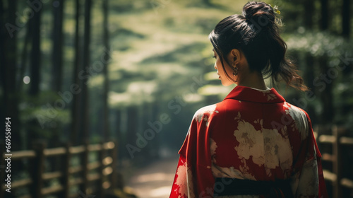 A Japanese woman in traditional clothing is walking away.