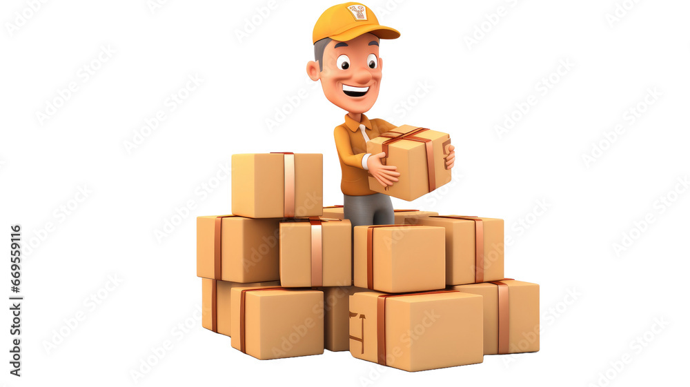 3d delivery man stacking parcels on a white background