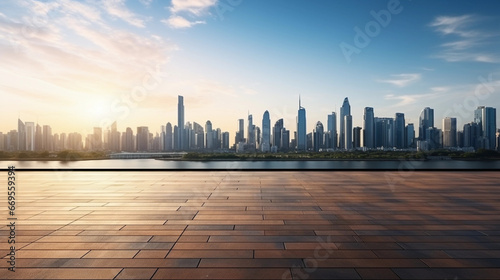 photo taken of the floor with the skyline at sunrise in the background