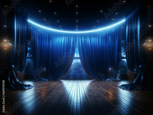 Blue stage curtain with spotlights in a dark room. Generative AI