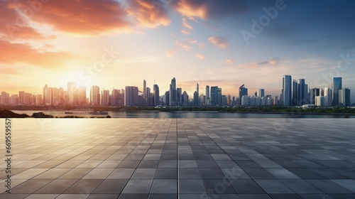 photo taken of the floor with the skyline at sunrise in the background © Milan