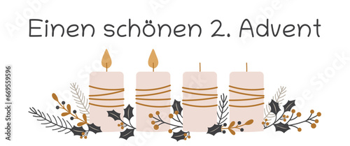 Einen schönen 2. Advent - Schriftzug in deutscher Sprache. Grußkarte mit Kerzen und winterlichen Zweigen.