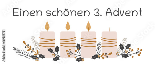 Einen schönen 3. Advent - Schriftzug in deutscher Sprache. Grußkarte mit Kerzen und winterlichen Zweigen.