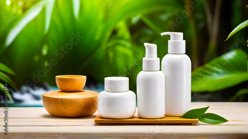 business concept, product display, natural cosmetic white small bottle, Product presentation. wooden table, plant with pot, Beauty and body care product with copy space,