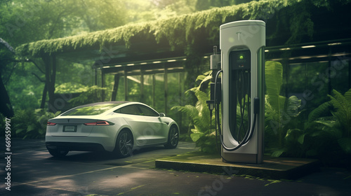 Electric car charging station. Sustainable Transportation and Charging Solutions for a Greener World, Sustainable development and responsible environmental, Energy sources renewable, Ecology concept. © Nadun