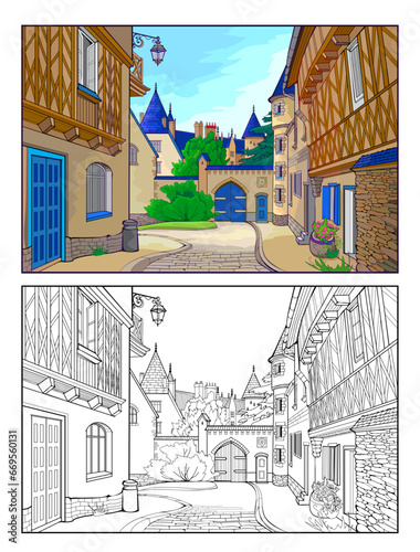 Colorful and black and white template for coloring. Fantasy illustration of a cute medieval French town street. Ancient architecture. Worksheet for coloring book for children and adults. Flat vector.