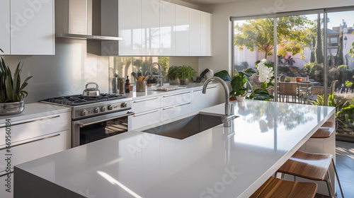 A modern, minimalist kitchen with sleek white countertops and stainless steel appliances