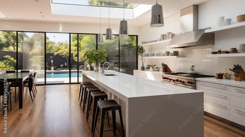A modern, minimalist kitchen with sleek white countertops and stainless steel appliances