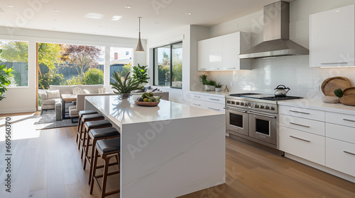 A modern  minimalist kitchen with sleek white countertops and stainless steel appliances