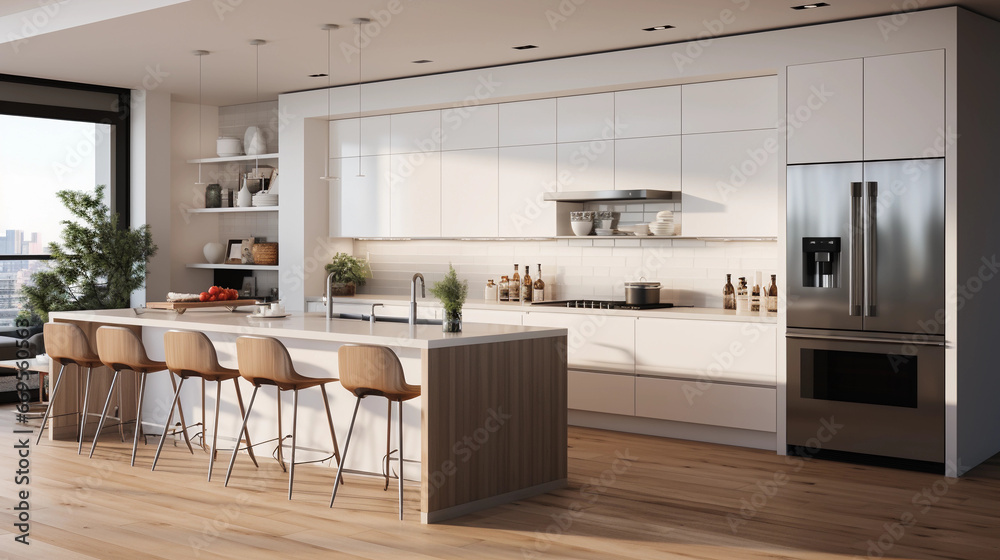 Fototapeta premium A modern, minimalist kitchen with sleek white countertops and stainless steel appliances