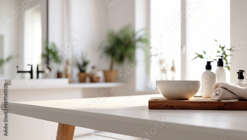 Empty table top and blurred bathroominterior