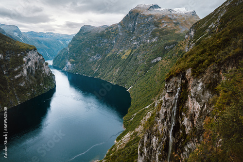 Norway landscape Geiranger fjord mountains and waterfall aerial view Travel beautiful destinations scandinavian nature landmarks
