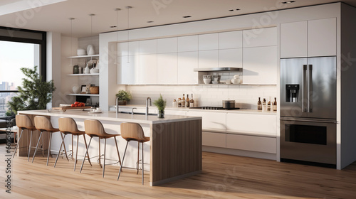 A modern, minimalist kitchen with sleek white countertops and stainless steel appliances © Milan