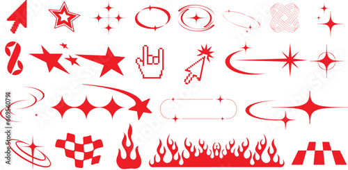 Y2K element vector illustration, trendy elements. Icons are arrows, stars, flames, checkered racing flags, planet, comet, cursor, peace sign, banner, shooting star, UFO. Retro vintage 90s, 2000s style