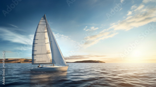 A single sailboat drifting lazily across a calm sea photo