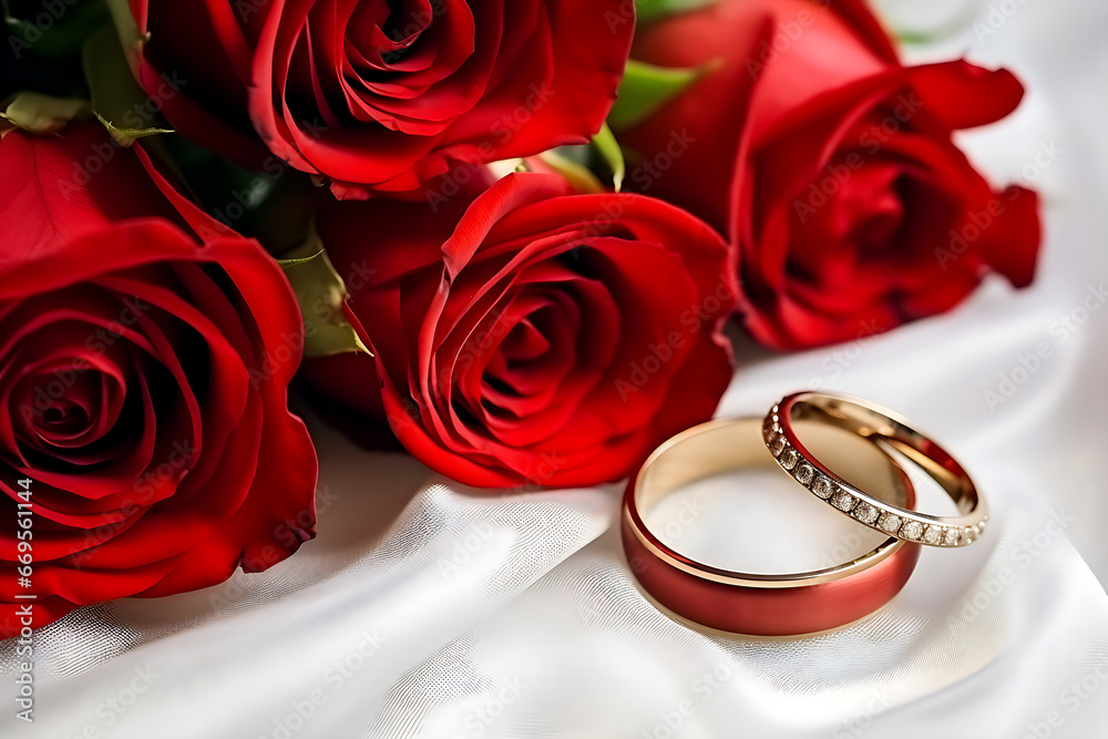wedding gold rings and red roses, close up wedding picture with rings wedding gold rings and red roses, close up wedding picture with rings