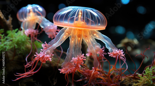 Jellyfish with a purple body and blue tentacles is swimming in the water with a blue background and a blue sky.
