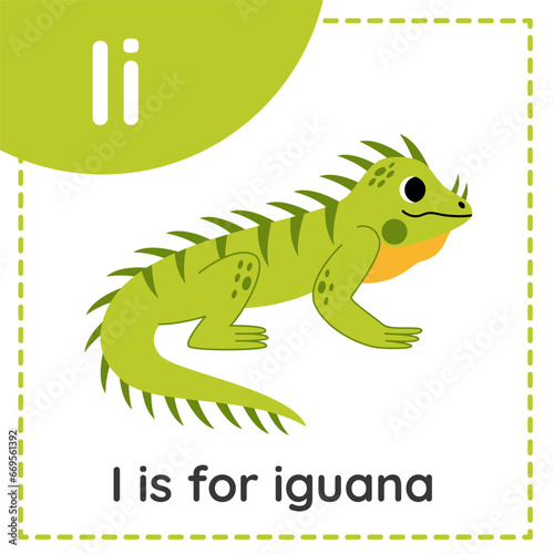 Learning English alphabet for kids. Letter I. Cute cartoon iguana.