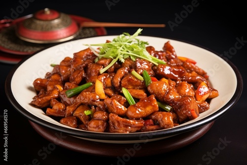 Traditional Chinese dish with tangy and flavorful pork pieces. Generative AI