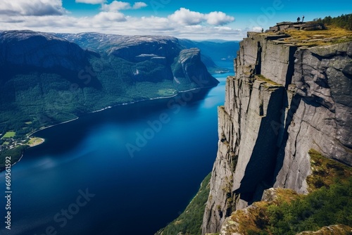 Scenic cliff called Pulpit Rock near Lysefjorden, Norway. Generative AI