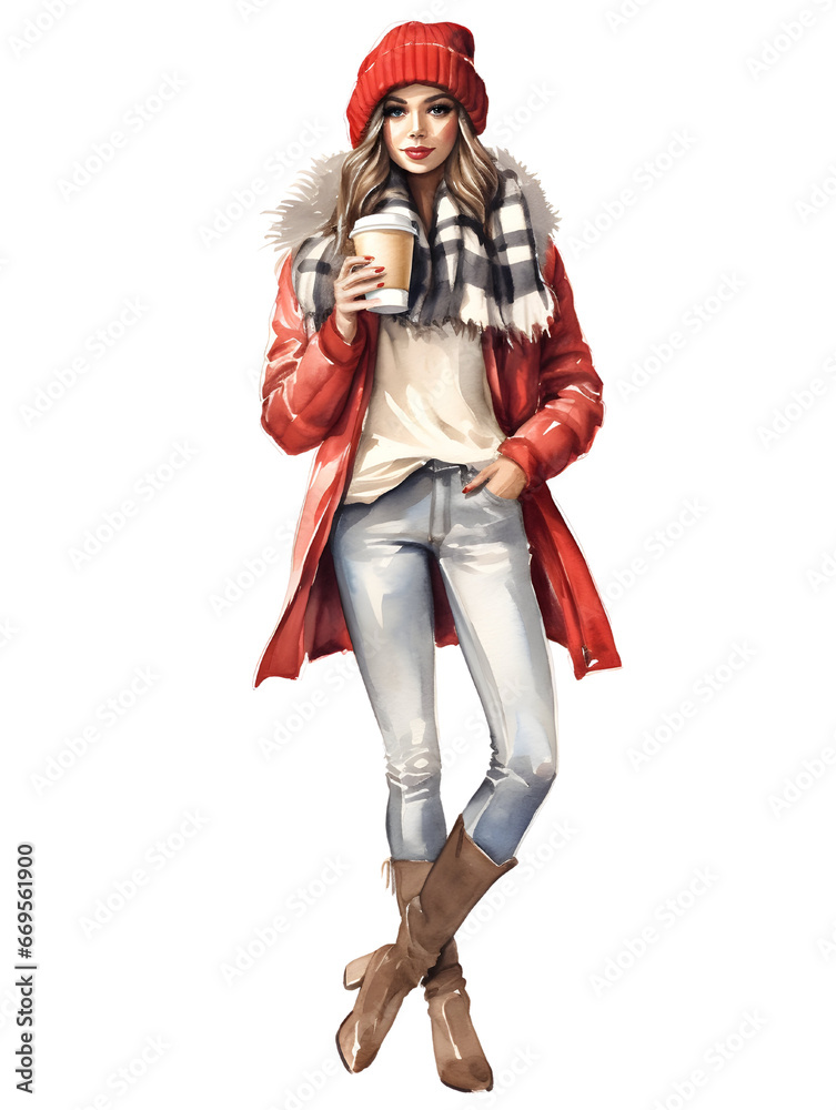 Charming young woman in casual winter clothes, with a hot take out coffee cup.