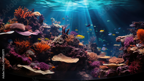underwater coral reef landscape background in the deep blue ocean with colorful fish and marine life.