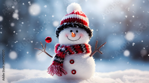 An High-Definition Capture of an Happy and Smiling Snowman in the Winter wearing a Coloured Scarf. 4K