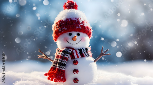 An High-Definition Capture of an Happy and Smiling Snowman in the Winter wearing a Coloured Scarf. 4K