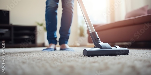 Close-up view of an individual meticulously cleaning a carpet using a vacuum cleaner, concept of Thorough cleaning