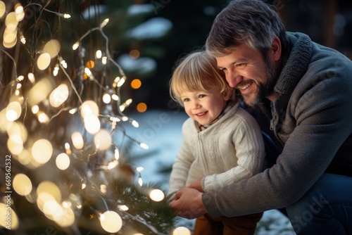 happy baby and dad near the bokeh christmas tree outside in winter