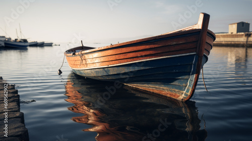 A single boat sits moored in the harbor, its empty hull a reminder of a life at sea photo