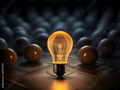 Lightbulb glowing in dark area with copy space