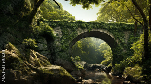 A single bridge spanning a deep ravine, connecting two valleys of lush, green forests photo
