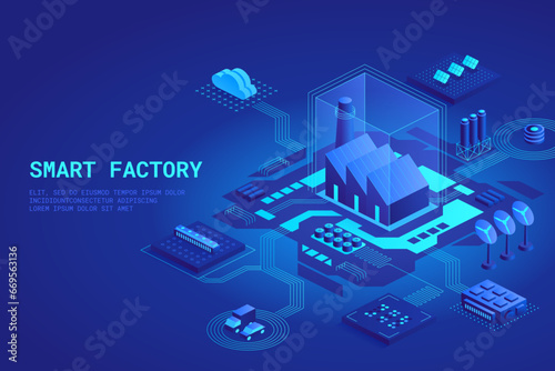 Conceptual template with smart factory or plant buildings. Scene for electric energy production. Cooling towers, wind turbines, solar power system. Modern isometric vector illustration for website