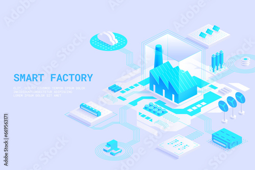 Conceptual template with smart factory or plant buildings. Scene for electric energy production. Cooling towers, wind turbines, solar power system. Modern isometric vector illustration for website