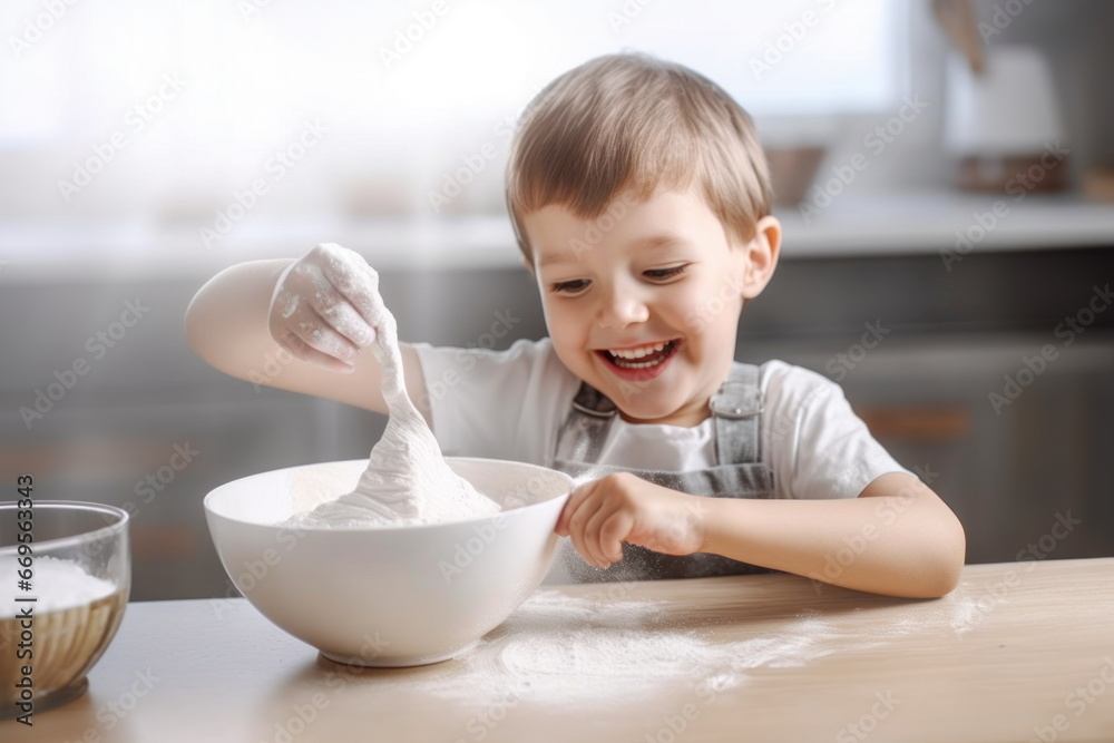 smiling baby helps mom prepare a delicious and healthy breakfast. Mother's Day concept smiling baby helps mom prepare a delicious and healthy breakfast. Mother's Day concept