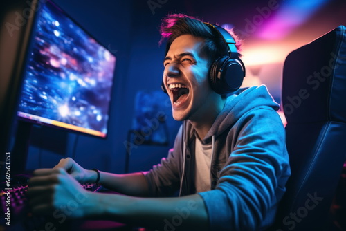 Pro Gamer Man Win Online Video Game and Cheer Up with Fist Gesture