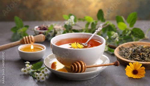 cup of tea with lemon and flowers