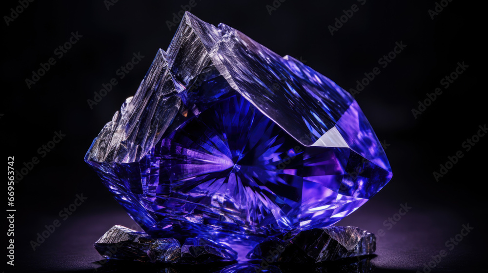 tanzanite (violet zoisite) crystal on black background. macro detail texture background. close-up raw rough unpolished semi-precious gemstone. tanzanite (violet zoisite) crystal on black background. macro detail texture background. close-up raw rough unpolished semi-precious gemstone.