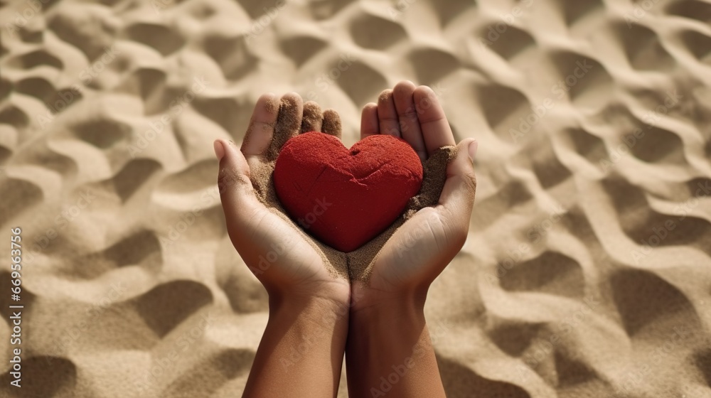 Fototapeta premium Hands holding heart with sand in the background made with Ai generative technology